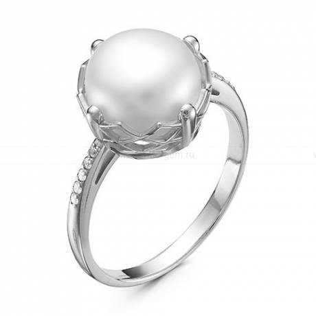 Кольцо из серебра с белой жемчужиной 9,5-10 мм. Артикул 10049