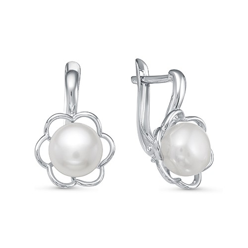 Серьги из серебра 925 пробы с белыми жемчужинами 7,5-8 мм. Артикул 12090