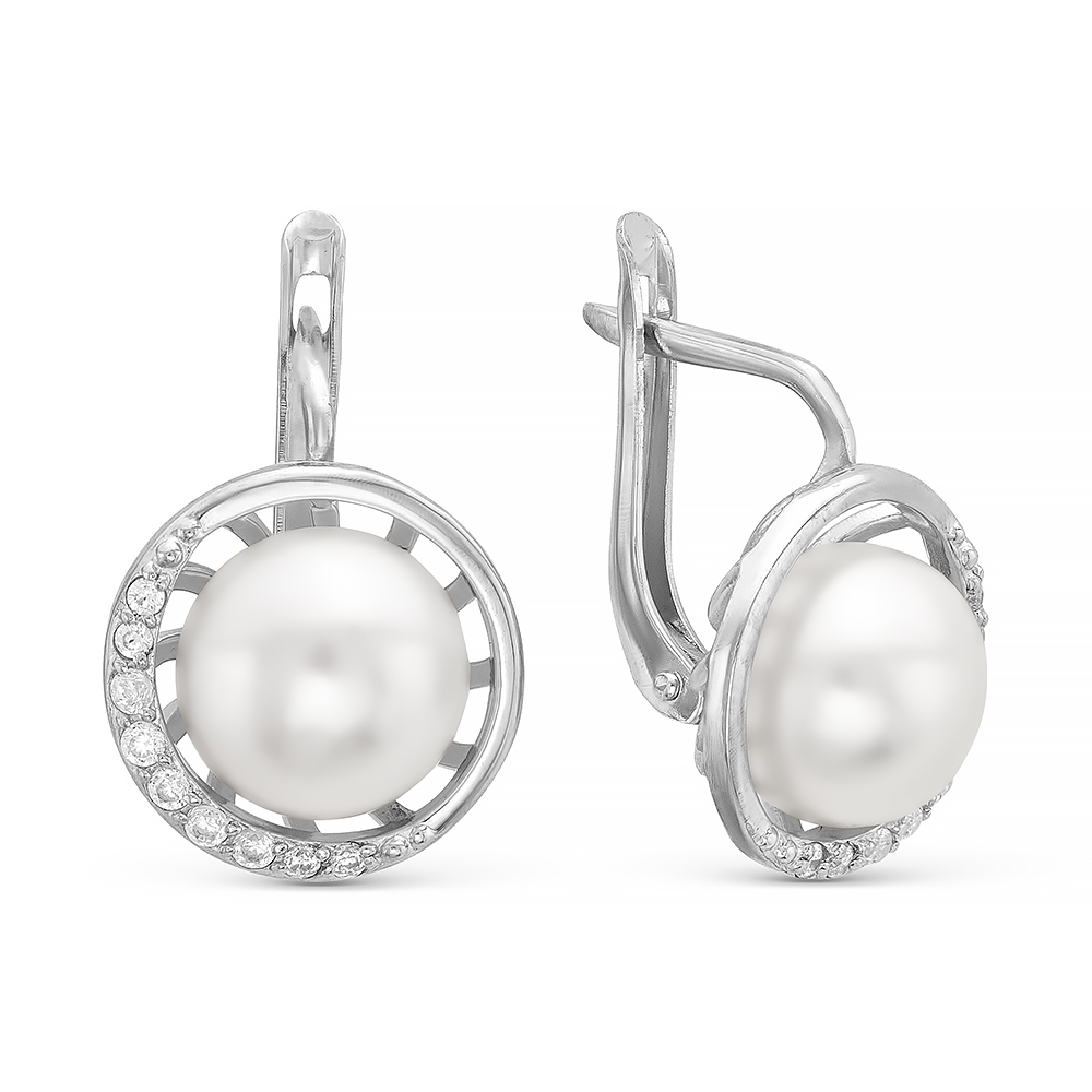 Серьги из серебра 925 пробы с белыми жемчужинами 9,5-10 мм. Артикул 11934