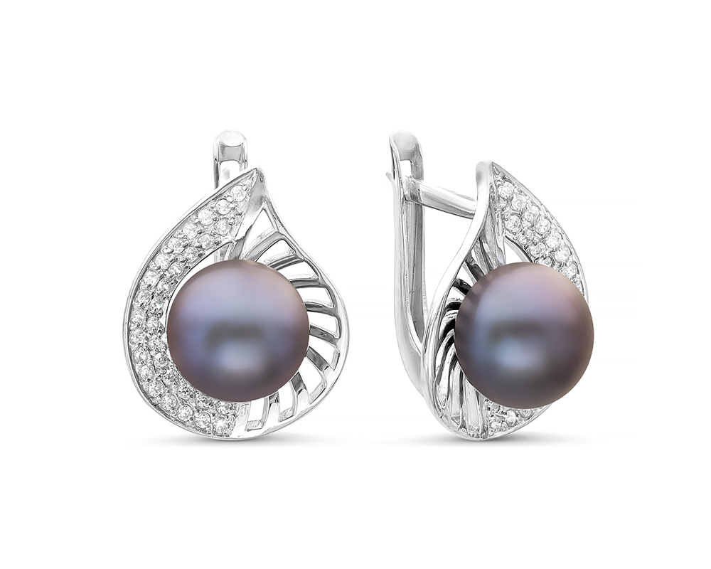 Серьги из серебра 925 пробы с черными жемчужинами 8,5-9 мм. Артикул 11336