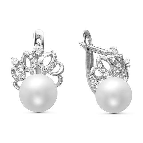 Серьги из серебра 925 пробы с белыми жемчужинами 8,5-9 мм. Артикул 11975