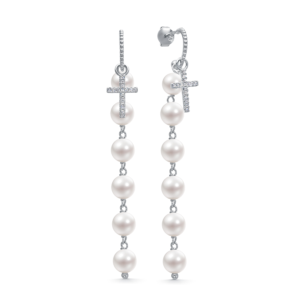 Серьги из серебра 925 пробы с белыми круглыми жемчужинами 6-6,5 мм. Артикул 11894
