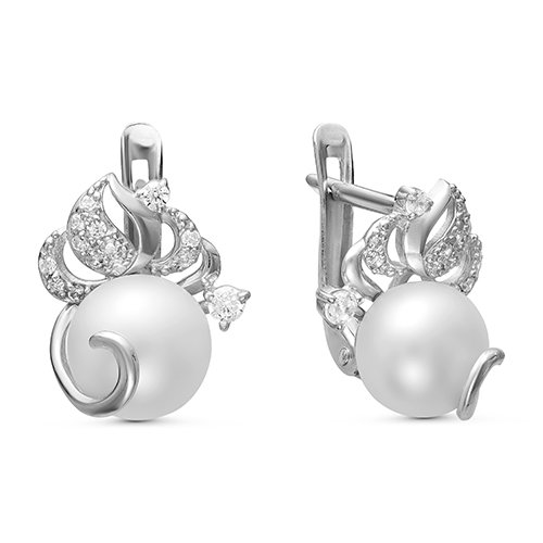Серьги из белого золота 585 пробы с белыми жемчужинами 7,5-8 мм. Артикул 12791