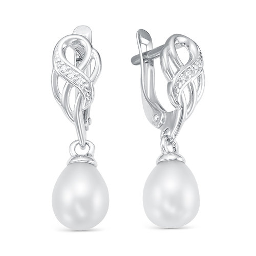 Серьги из серебра 925 пробы с белыми жемчужинами 7,5-8 мм. Артикул 12199