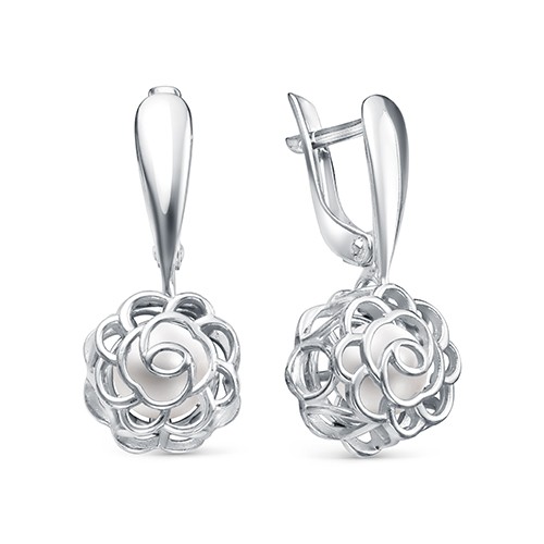 Серьги из серебра 925 пробы с белыми жемчужинами 6,5-7 мм. Артикул 11512