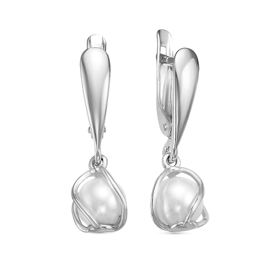 Серьги из серебра 925 пробы с белыми жемчужинами 6-6,5 мм. Артикул 12422