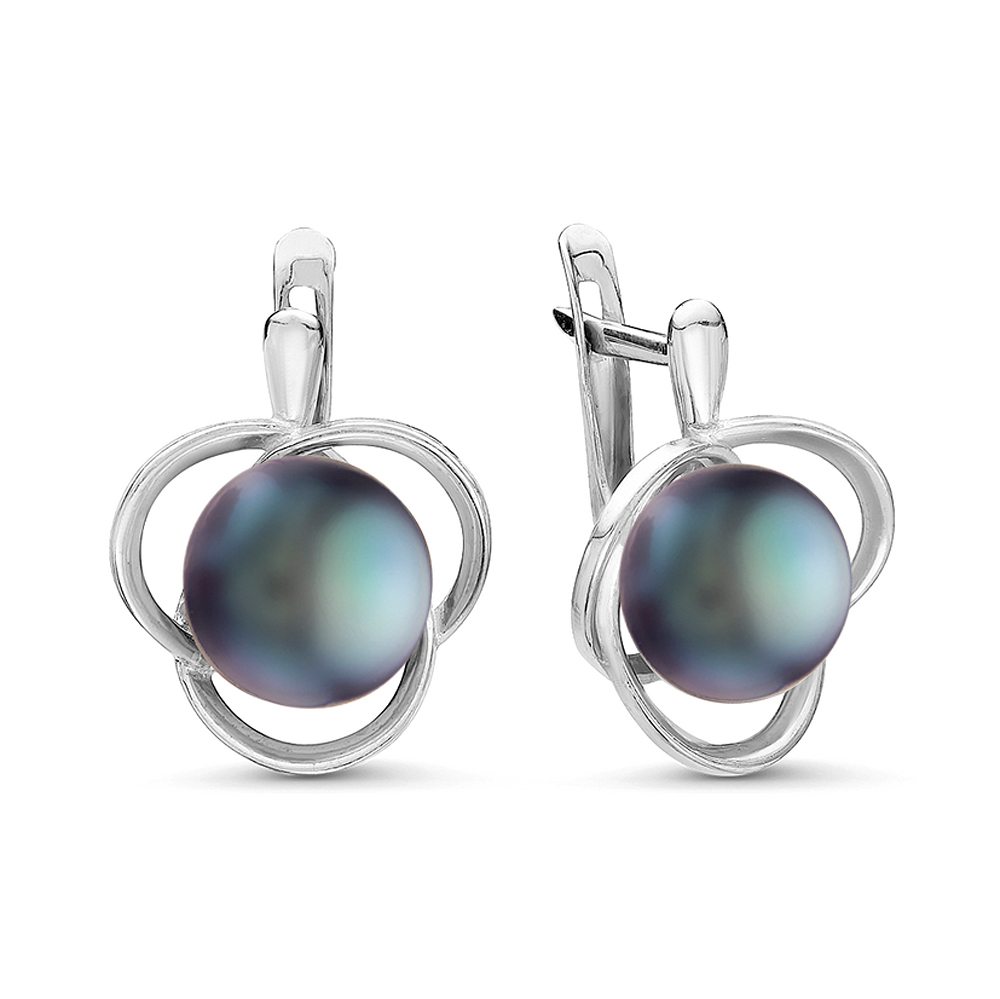 Серьги из серебра 925 пробы с черными жемчужинами 8,5-9 мм. Артикул 10771