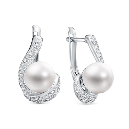 Серьги из серебра 925 пробы с белыми жемчужинами 8-8,5 мм. Артикул 10803