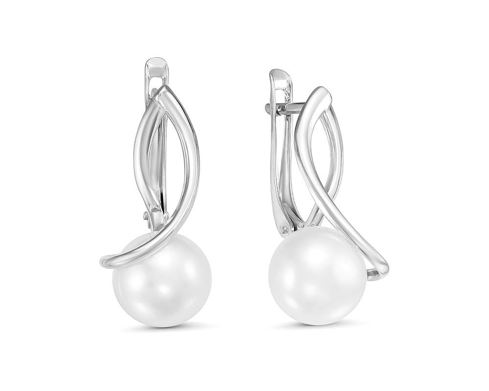Серьги из серебра 925 пробы с белыми жемчужинами 8,5-9 мм. Артикул 12614