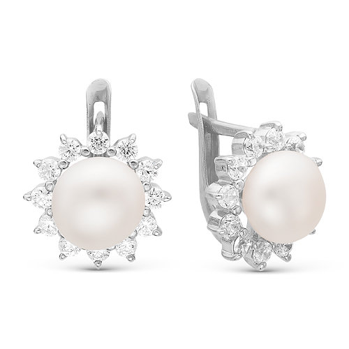 Серьги из серебра 925 пробы с белыми жемчужинами 7,5-8 мм. Артикул 11580