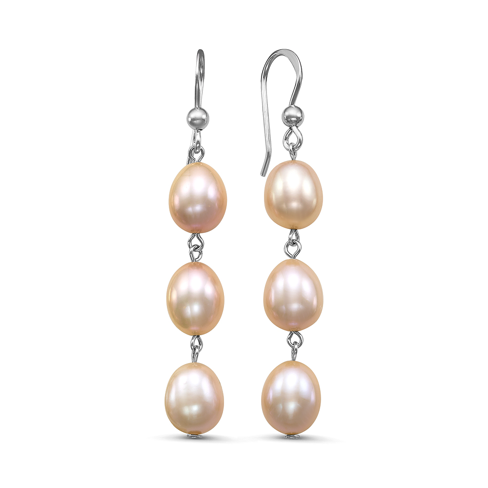 Серьги из серебра 925 пробы с розовыми жемчужинами 7,5-8 мм. Артикул 10795