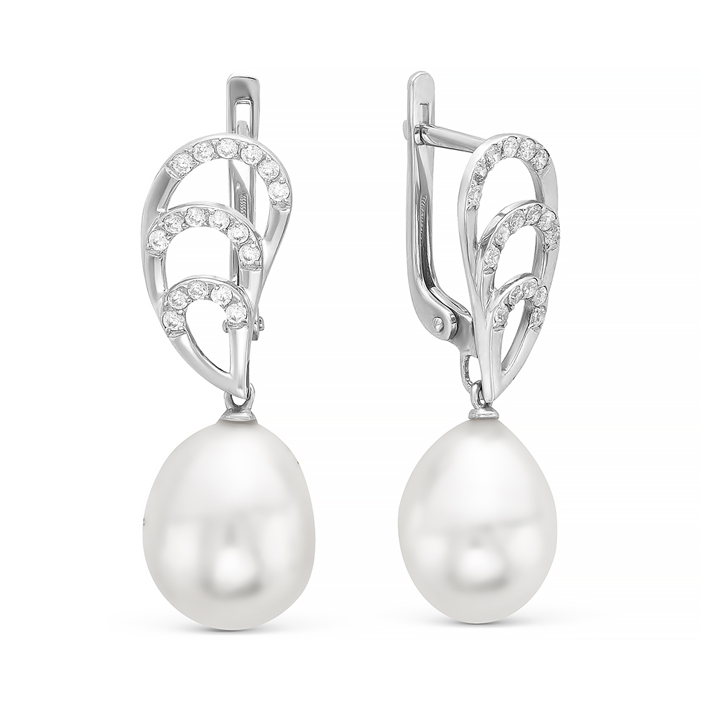 Серьги из серебра 925 пробы с белыми жемчужинами 10-10,5 мм. Артикул 10433