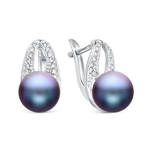 Серьги из серебра 925 пробы с черными жемчужинами 8,5-9 мм. Артикул 10407