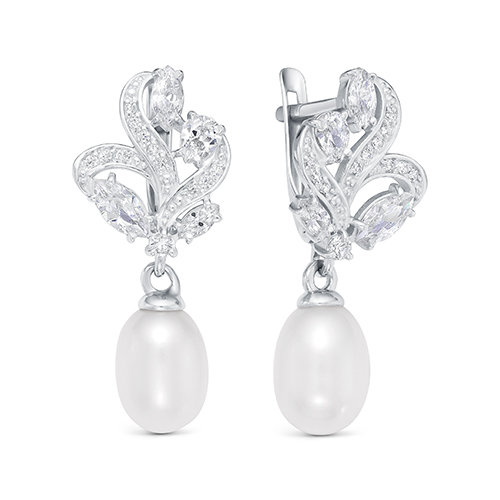 Серьги из серебра 925 пробы с белым каплевидным жемчугом 7,5-8 мм. Артикул 12392