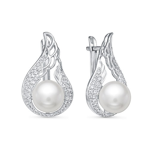 Серьги из серебра 925 пробы с белыми жемчужинами 8,5-9 мм. Артикул 12396