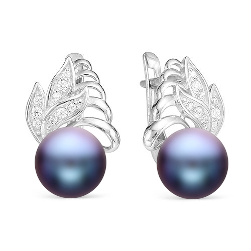 Серьги из серебра 925 пробы с черными жемчужинами 8,5-9 мм. Артикул 11757