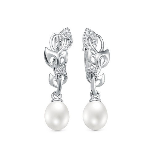 Серьги из серебра 925 пробы с белыми жемчужинами 7,5-8 мм. Артикул 12415
