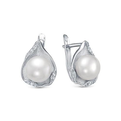 Серьги из серебра 925 пробы с белыми жемчужинами 8,5-9 мм. Артикул 11495