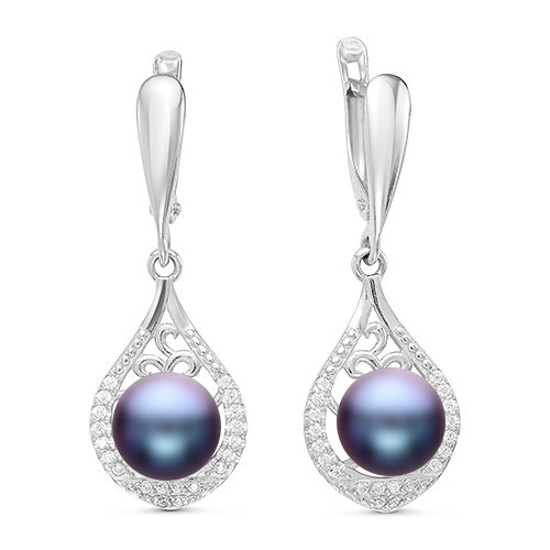Серьги из серебра 925 пробы с черным жемчугом 8,5-9 мм. Артикул 9202