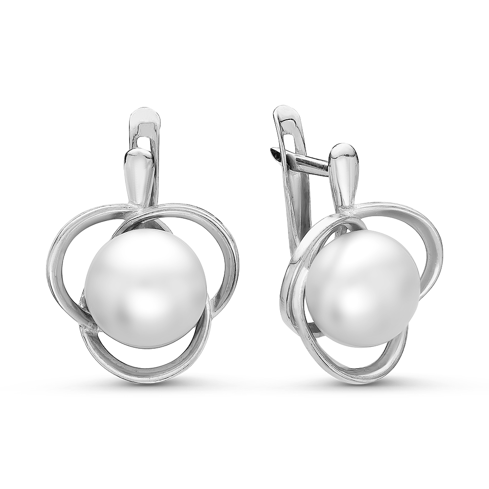 Серьги из серебра 925 пробы с белыми жемчужинами 8,5-9 мм. Артикул 10820