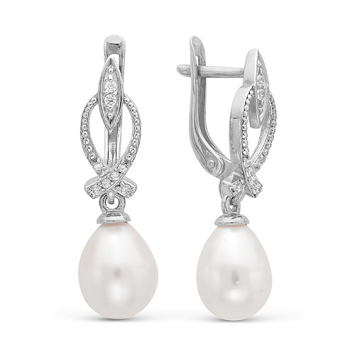 Серьги из серебра 925 пробы с белыми жемчужинами 7,5-8 мм. Артикул 12409