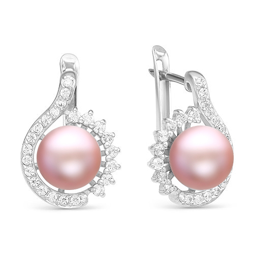 Серьги из серебра 925 пробы с розовыми жемчужинами 8,5-9 мм. Артикул 10655