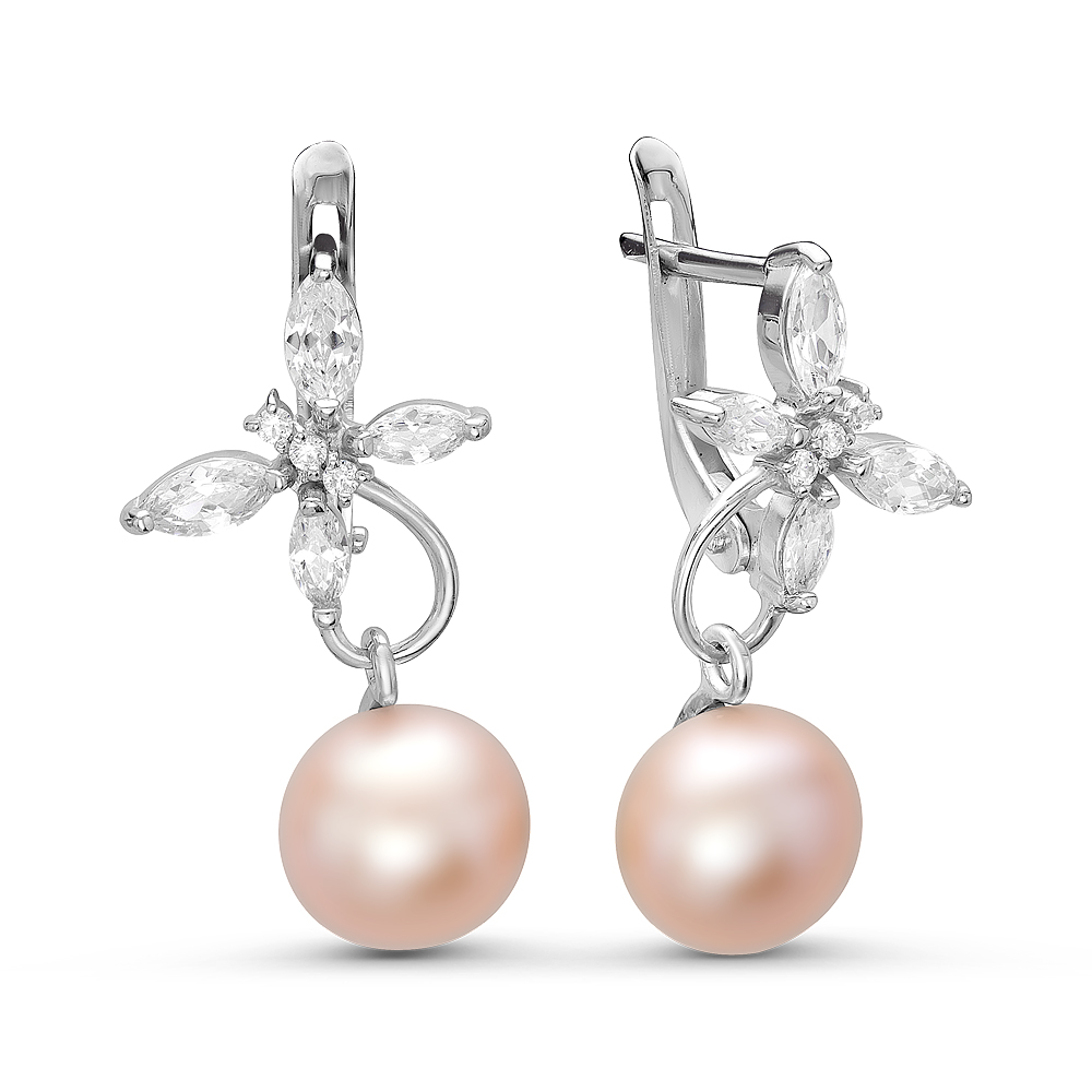 Серьги из серебра 925 пробы с розовыми жемчужинами 8,5-9 мм. Артикул 10800