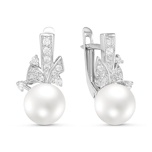 Серьги из серебра 925 пробы с белыми жемчужинами 8-8,5 мм. Артикул 11581