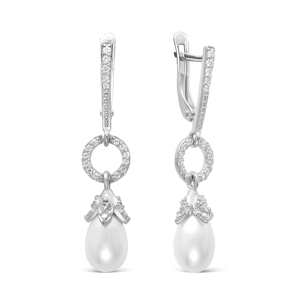 Серьги из серебра 925 пробы с белыми жемчужинами 7,5-8 мм. Артикул 12411