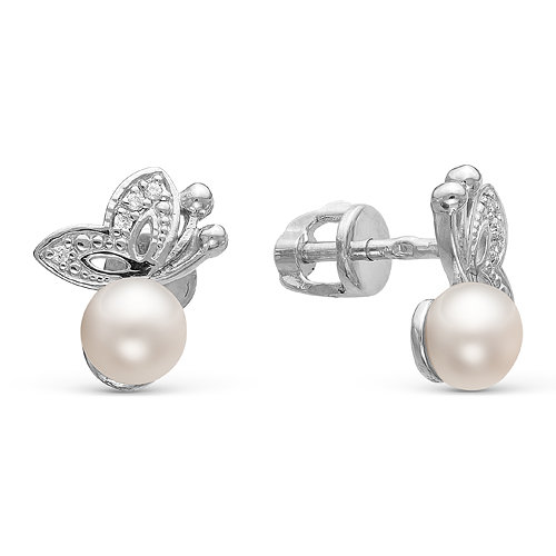 Серьги из серебра 925 пробы с белыми жемчужинами 5,5-6 мм. Артикул 10793