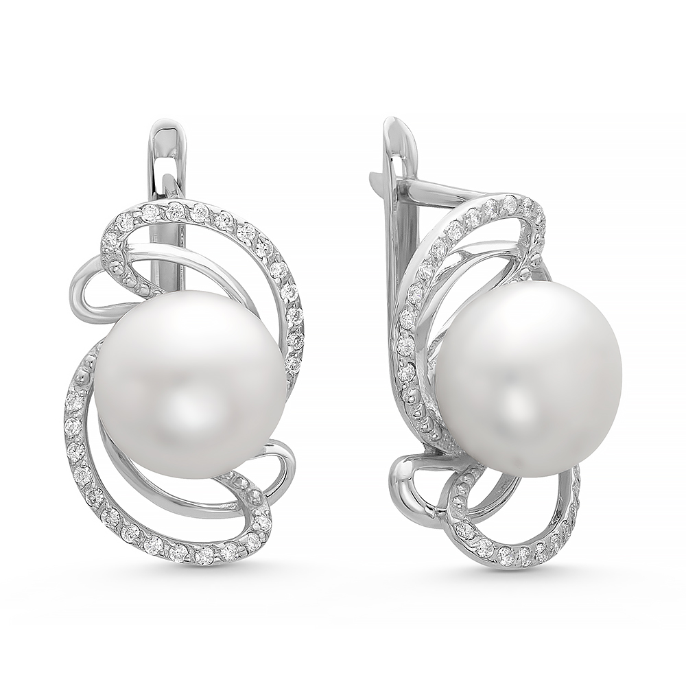 Серьги из серебра 925 пробы с белыми жемчужинами 9,5-10 мм. Артикул 10199