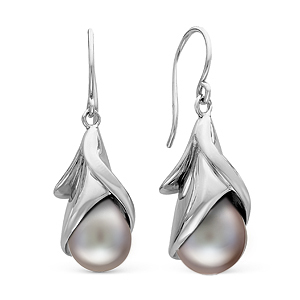 Серьги из серебра 925 пробы с серебристыми жемчужинами 10-10,5 мм. Артикул 12385