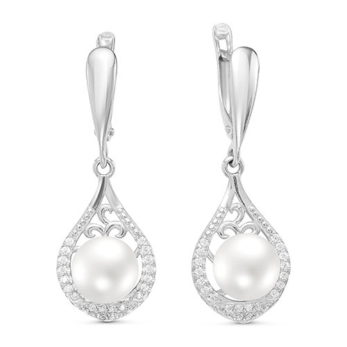 Серьги из серебра 925 пробы с белыми жемчужинами 8-8,5 мм. Артикул 10427