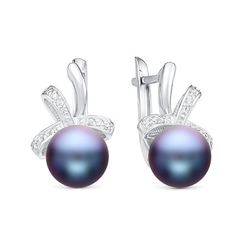 Серьги из серебра 925 пробы с черными жемчужинами 8,5-9 мм. Артикул 10106