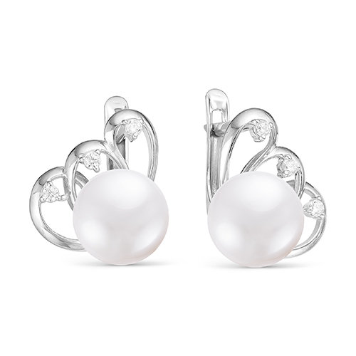 Серьги из серебра 925 пробы с белыми жемчужинами 8,5-9 мм. Артикул 12113