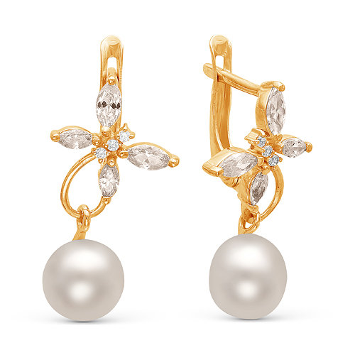 Серьги из серебра 925 пробы с белыми жемчужинами 7,5-8 мм. Артикул 11395