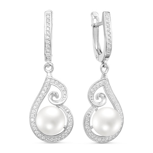 Серьги из серебра 925 пробы с белыми жемчужинами 8-8,5 мм. Артикул 10210