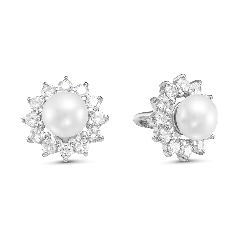 Серьги из серебра 925 пробы с белыми жемчужинами 7,5-8 мм. Артикул 11935