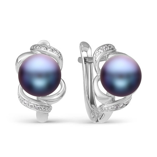 Серьги из серебра 925 пробы с черными жемчужинами 7-7,5 мм. Артикул 10768