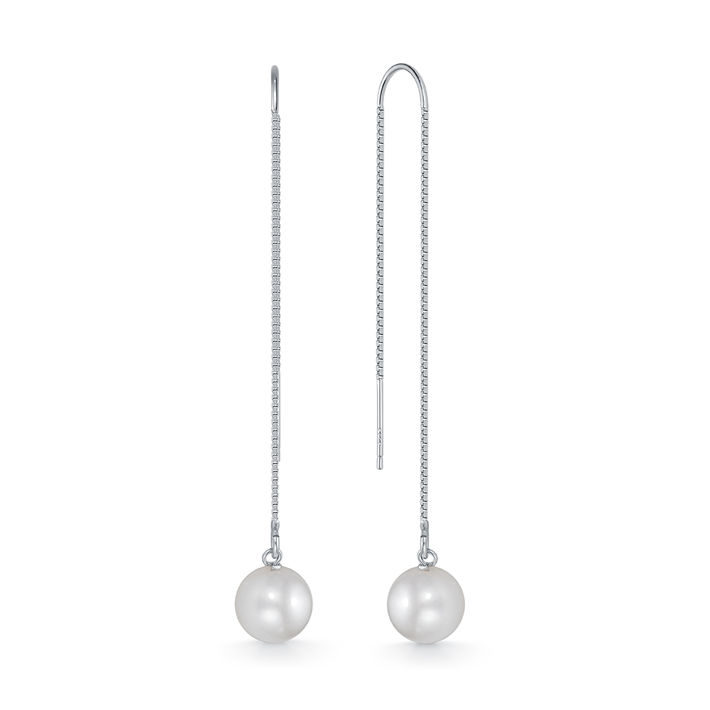 Серьги-продевки из серебра 925 пробы с белыми речными жемчужинами 8,5-9 мм. Артикул 12159