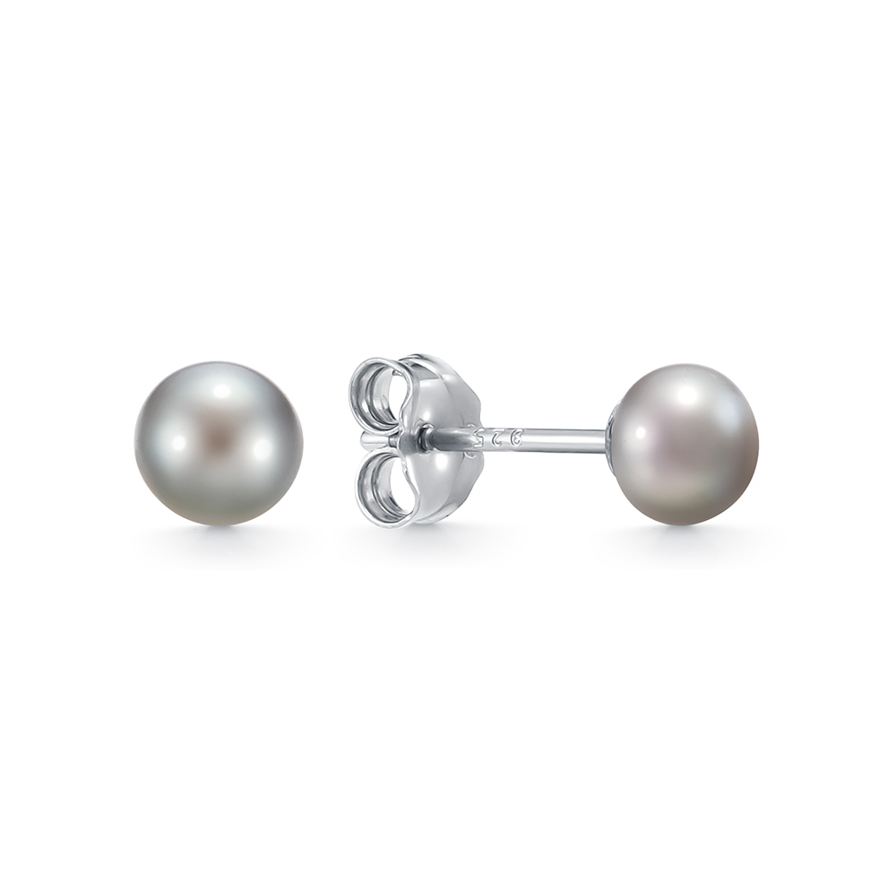 Пусеты на серебре 925 пробы с серебристыми жемчужинами 4,5-5 мм. Артикул 8518