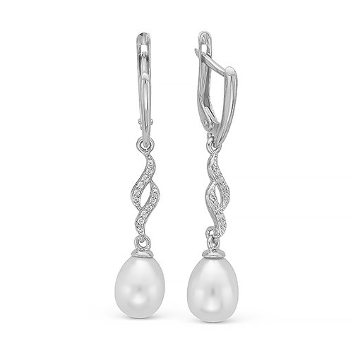 Серьги из серебра 925 пробы с белыми жемчужинами 7 мм. Артикул 12114