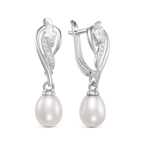 Серьги из серебра 925 пробы с белыми жемчужинами 7,5-8 мм. Артикул 12416