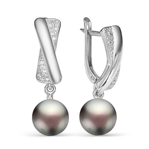 Серьги из серебра 925 пробы с черными жемчужинами 9,5-10 мм. Артикул 12554