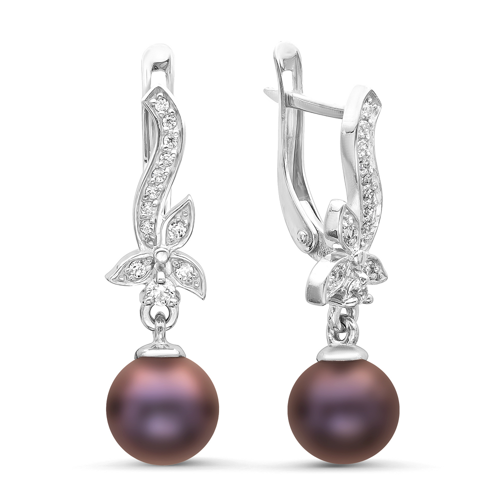 Серьги из серебра 925 пробы с черными жемчужинами 8-8,5 мм. Артикул 11372