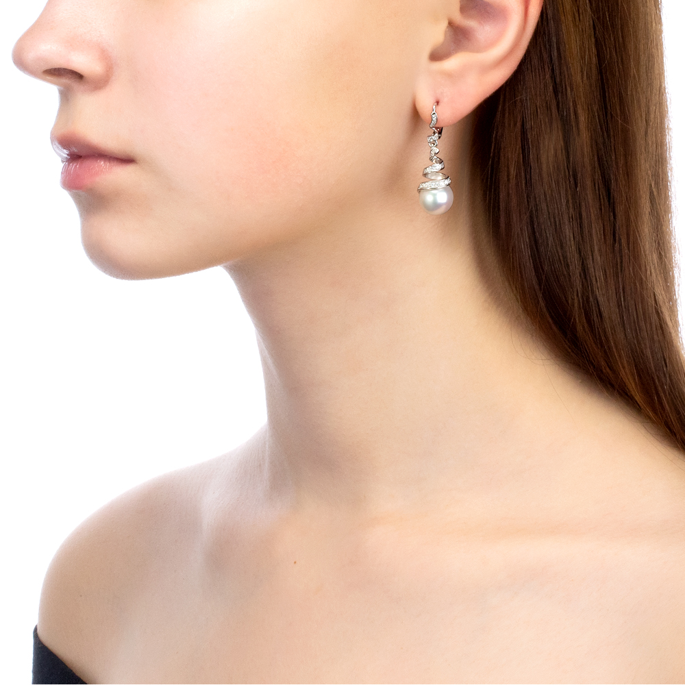 Серьги из серебра 925 пробы с белыми жемчужинами 11,5 мм. Артикул 10382