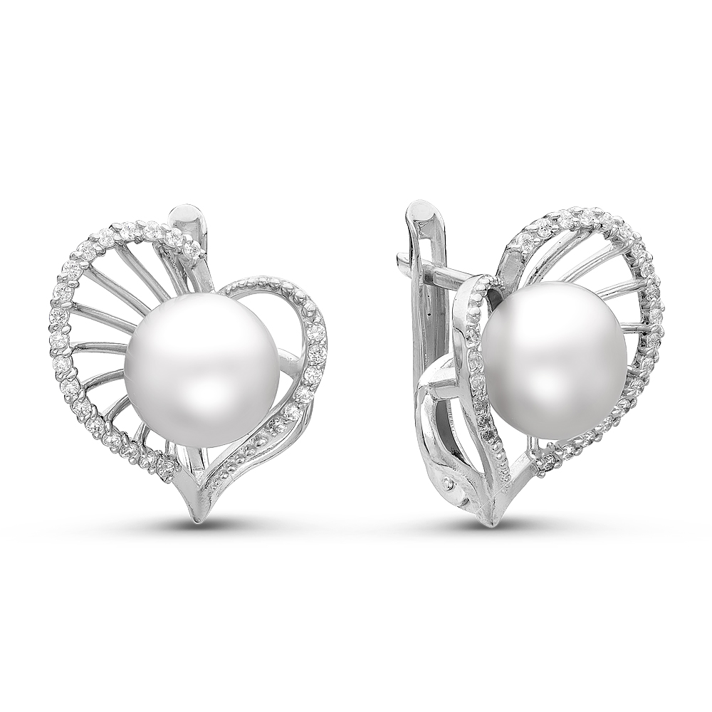 Серьги из серебра 925 пробы с белыми жемчужинами 8,5-9 мм. Артикул 10770