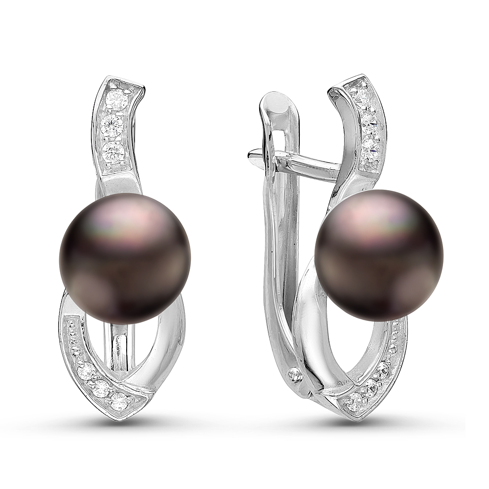 Серьги из серебра 925 пробы с черными жемчужинами 7-7,5 мм. Артикул 10932