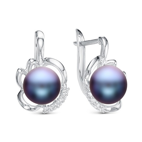 Серьги из серебра 925 пробы с черными жемчужинами 8,5-9 мм. Артикул 11341