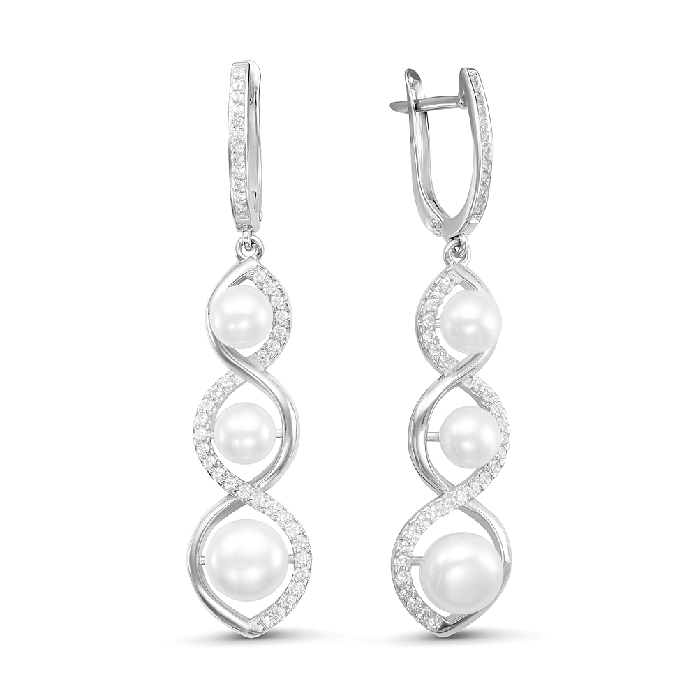 Серьги из серебра 925 пробы с белыми жемчужинами 6-8 мм. Артикул 12229